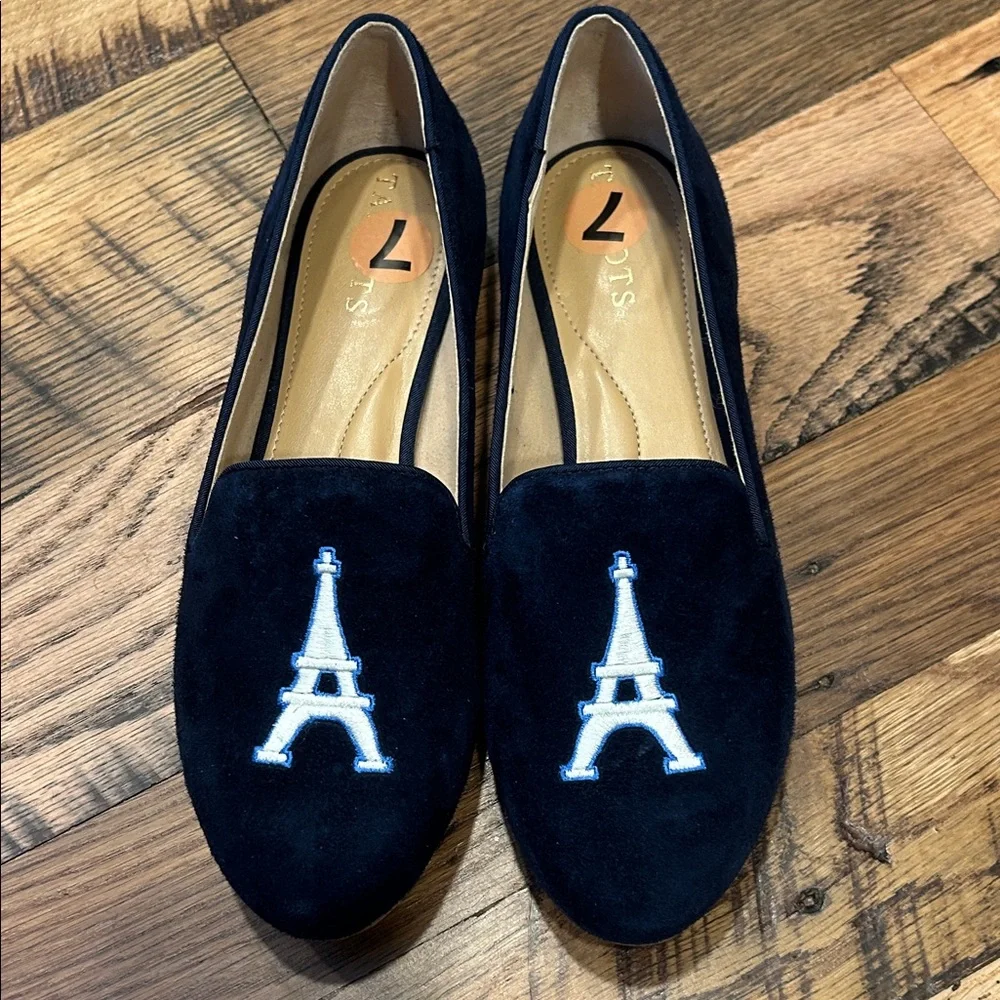 Talbots navy suede Loafers with Eiffel Tower Embroidery